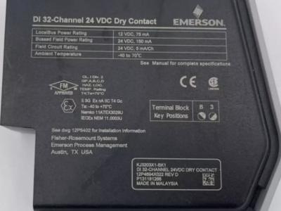 Emerson DeltaV Discrete Input Card 32 Channel, KJ3203X1-BK1, 12P4694